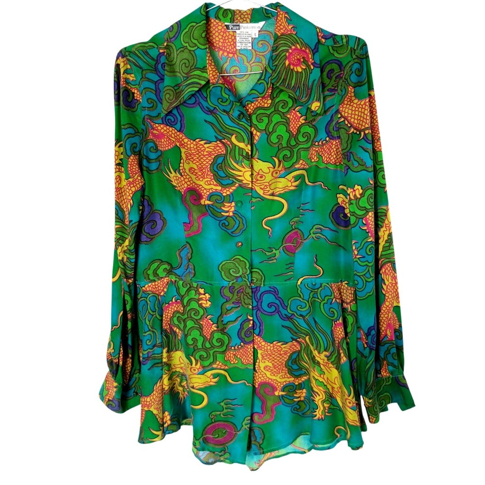 Pure Pinkerton 100% Silk Dragon Print Peplum Blouse Green Teal Women Small